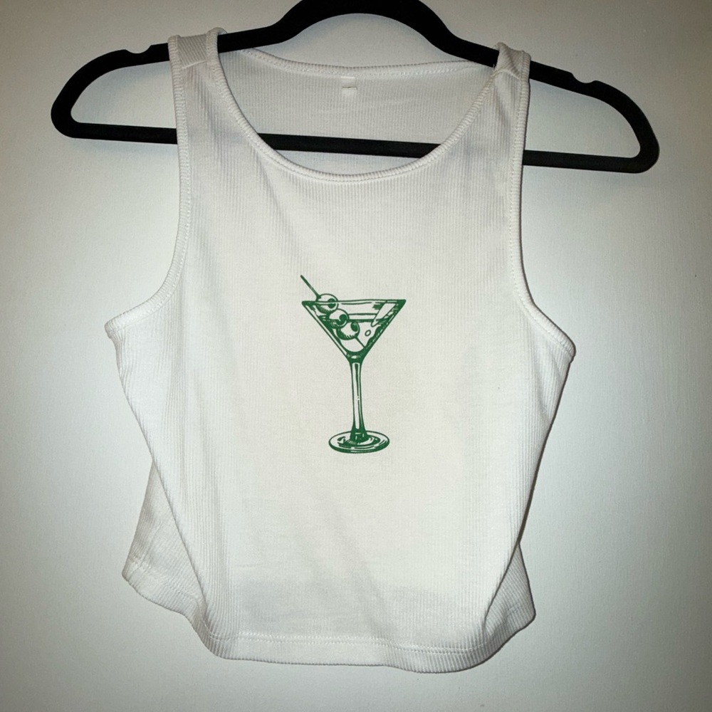 White Tank Top with Green Martini Graphic